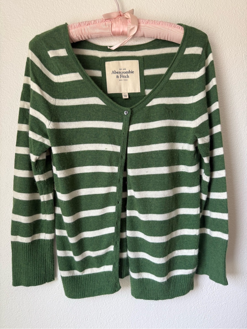 Green and Cream Striped 3/4 Sleeve Vintage Cardi